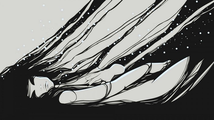Illustration of a person with long hair underwater