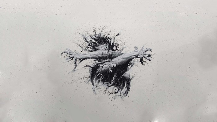 Monochrome drawing of a figure with outstretched arms