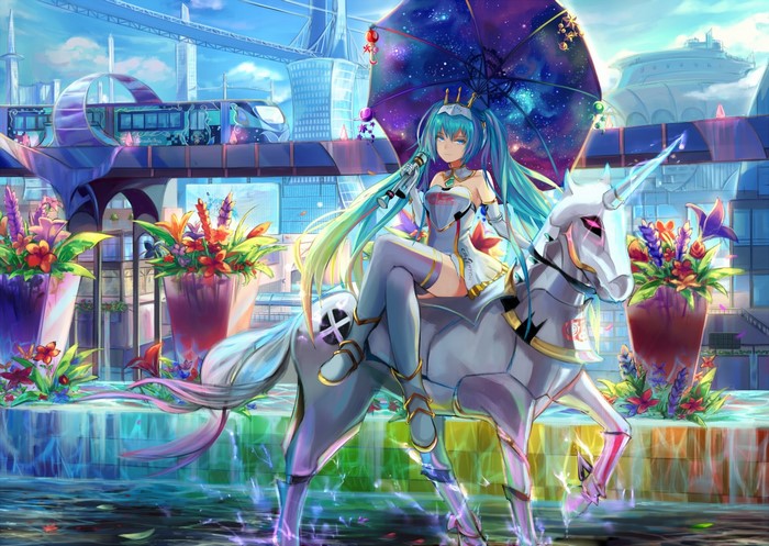 Hatsune Miku on a unicorn in a futuristic city