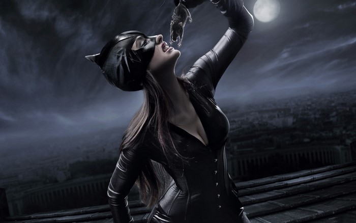 Catwoman holding a mouse against a moonlit sky