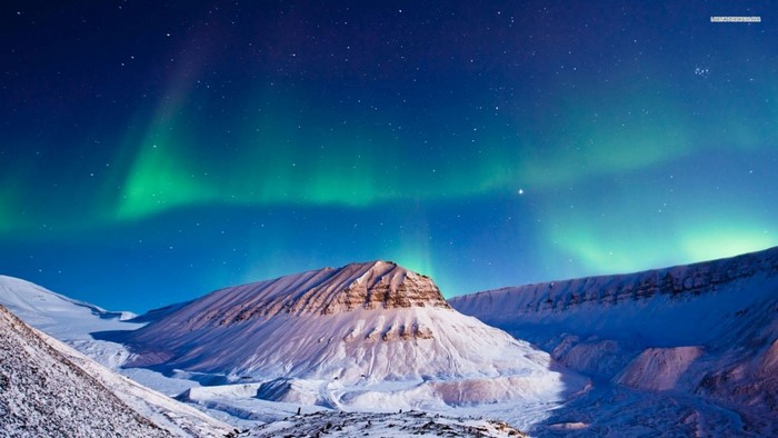 Snowy mountains under the Aurora Borealis