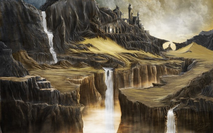 Fantasy landscape with castle and waterfalls