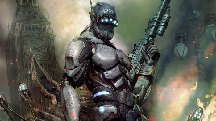 Soldier with gun in front of Big Ben in Hellgate London