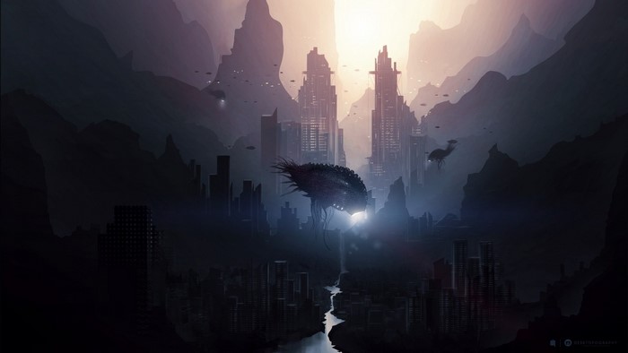 Alien city with strange creatures and flying vehicles