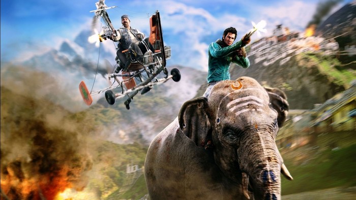 Far Cry 4 screenshot with elephant and helicopter