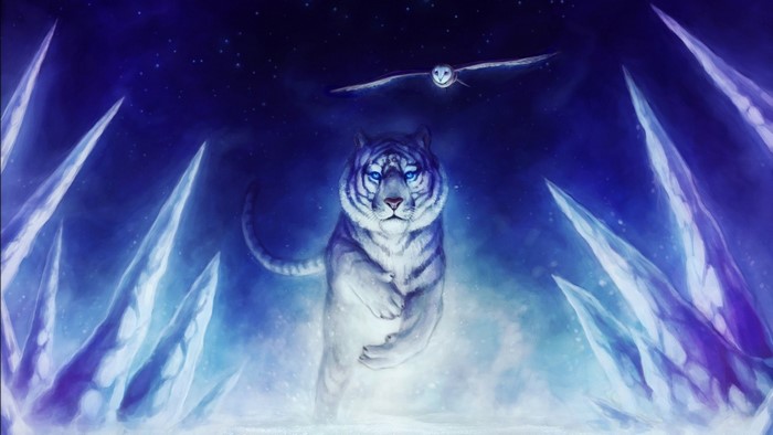 White tiger and owl in an icy landscape