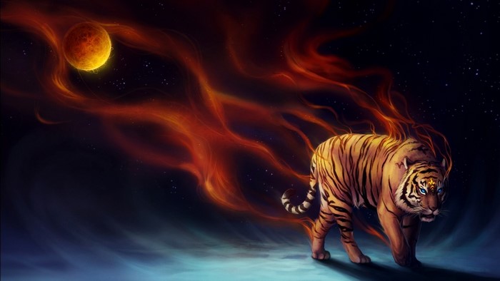 Tiger with fiery mane and planet in starry sky