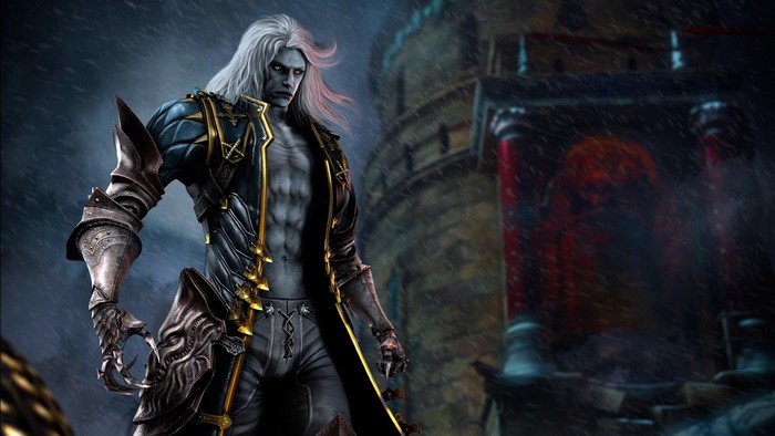 Alucard from Castlevania in front of a castle