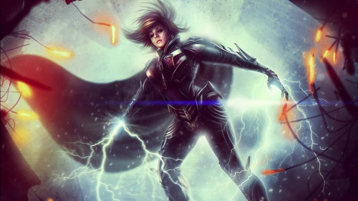Female character in futuristic armor with lightning