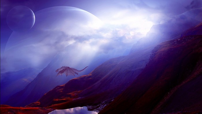 Dragon flying over mountains with planets in the sky