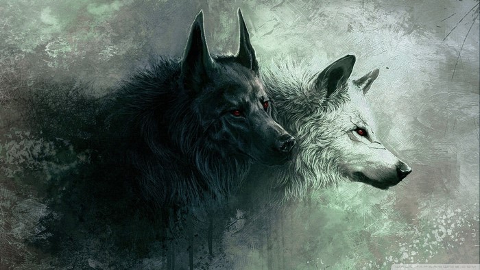 Two wolves, one black and one white, with red eyes