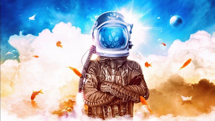 Astronaut with fish in helmet in clouds