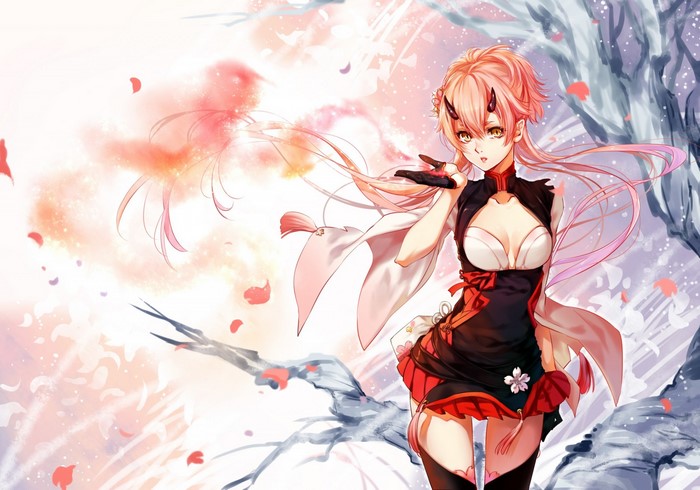 Anime girl with pink hair and horns blowing a kiss