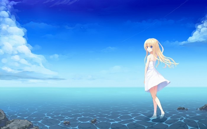 Anime girl in white dress by the sea under blue sky