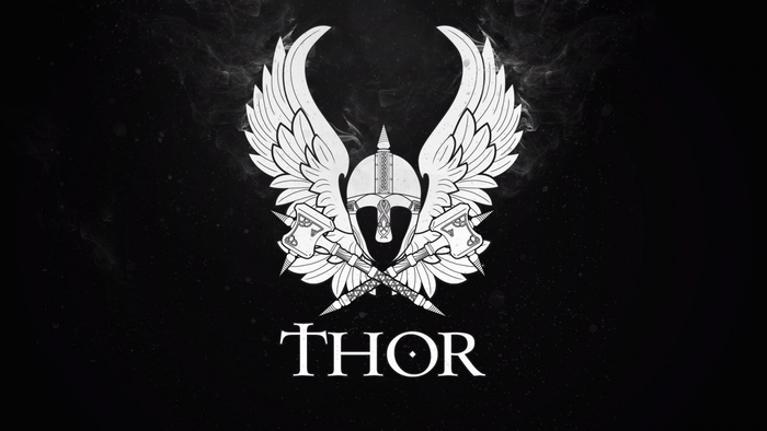 Thor logo with winged helmet and hammers