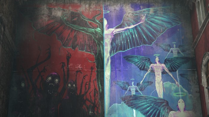 Mural depicting angels and demons from DmC Devil May Cry