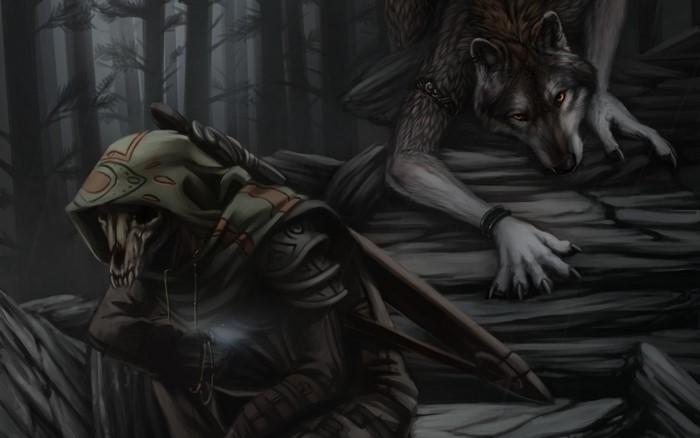 Creature and wolf in a dark forest