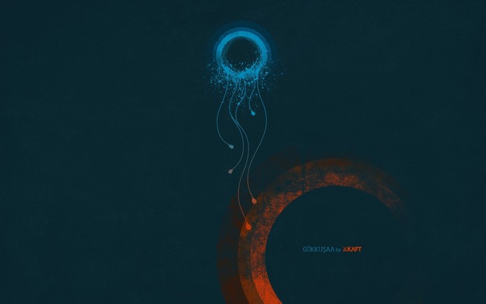 Abstract blue and orange circles with tendrils