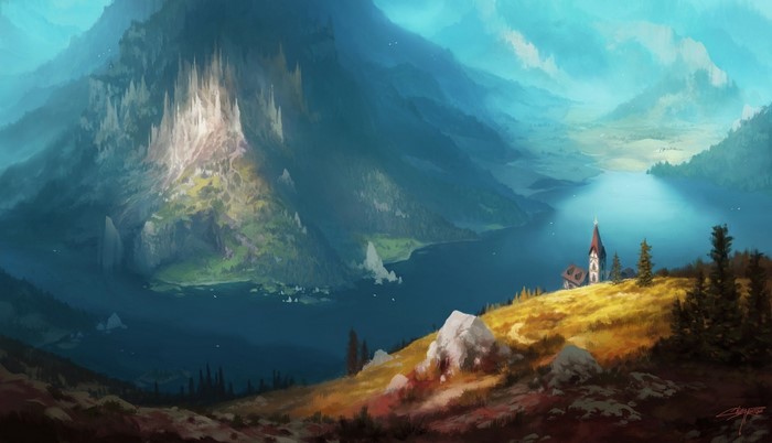 Serene Mountain Lake with Church and Golden Hills