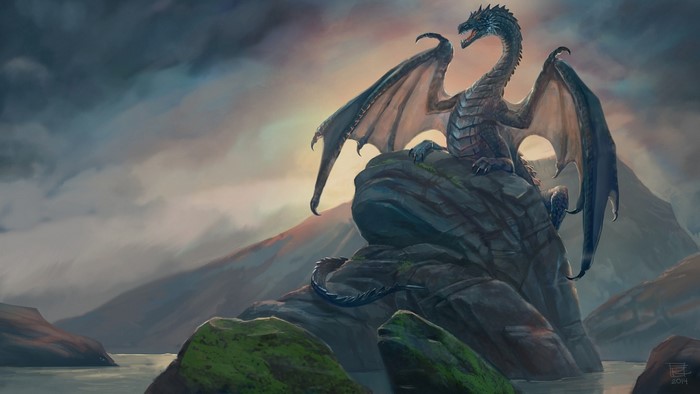 Dragon perched on rocks overlooking a lake
