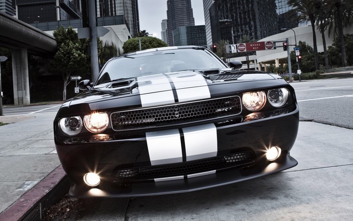 Black Dodge Challenger SRT with white stripes parked on city street