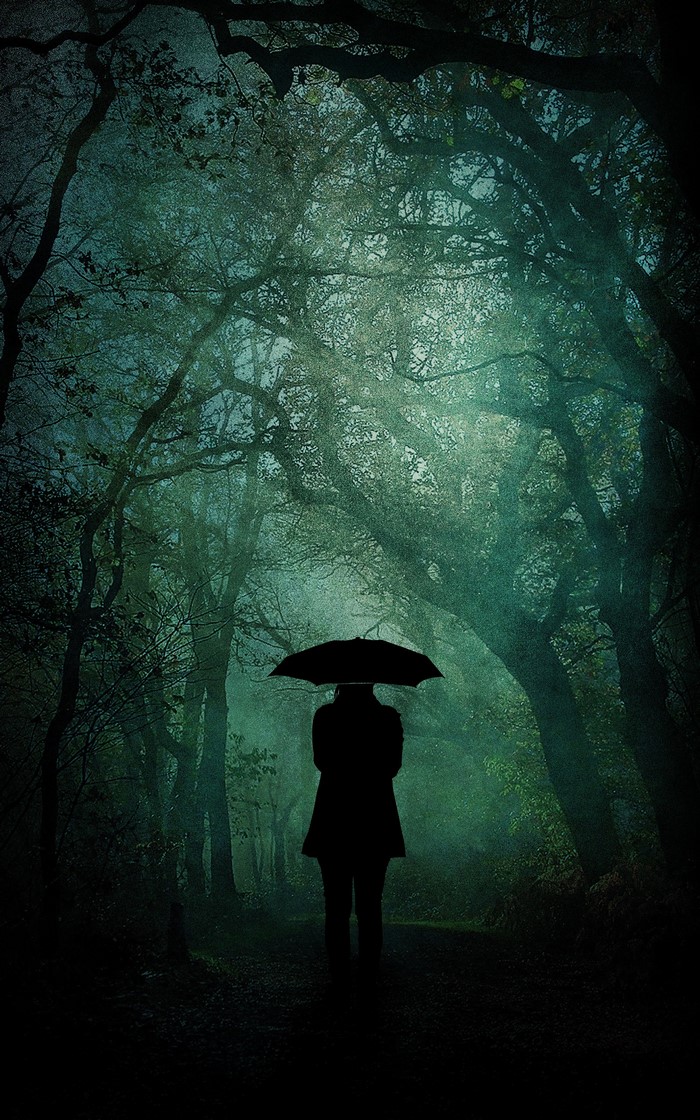 Silhouette of a person with an umbrella in a misty forest