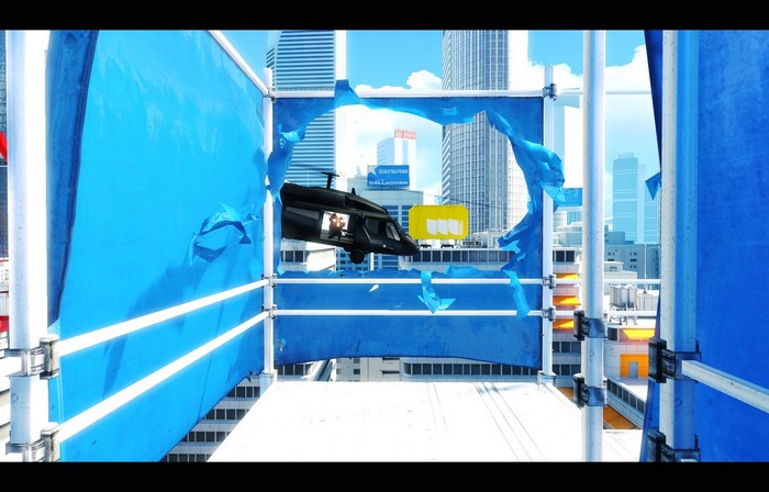 Helicopter flying through a torn blue tarp in Mirror's Edge