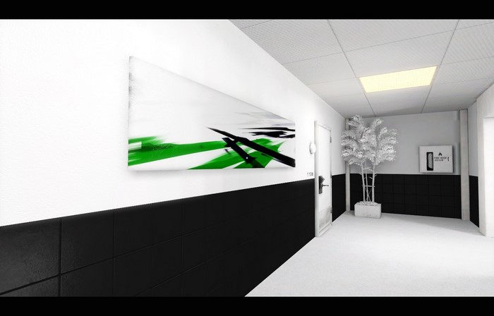 Modern hallway with abstract art and a plant
