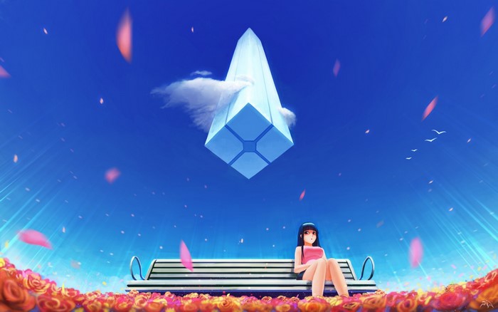 Girl on bench in flower field under monument