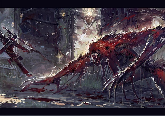 Creature fighting a hunter with a sword and pistol in Bloodborne