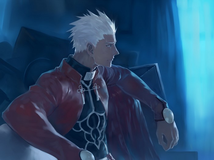 Archer from Fate/Stay Night sitting in a dark room
