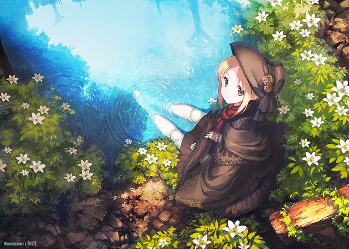 Anime girl with doll-like limbs sitting by water