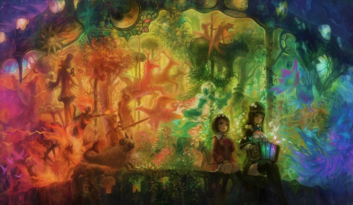 Fantasy art painting of anime girls in a colorful forest