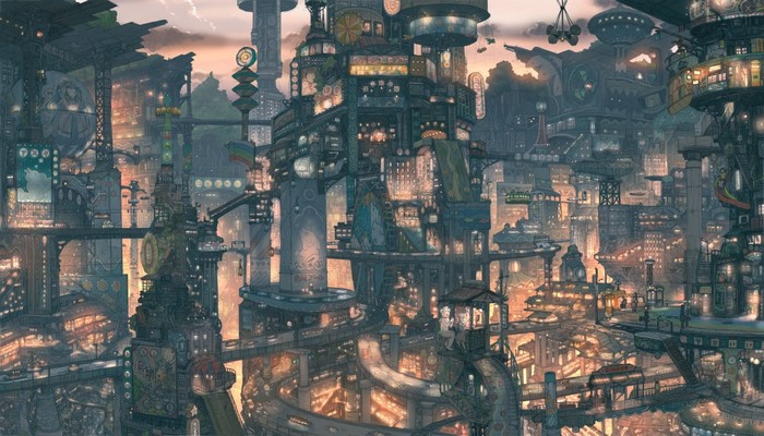 Detailed fantasy cityscape with intricate buildings and bridges