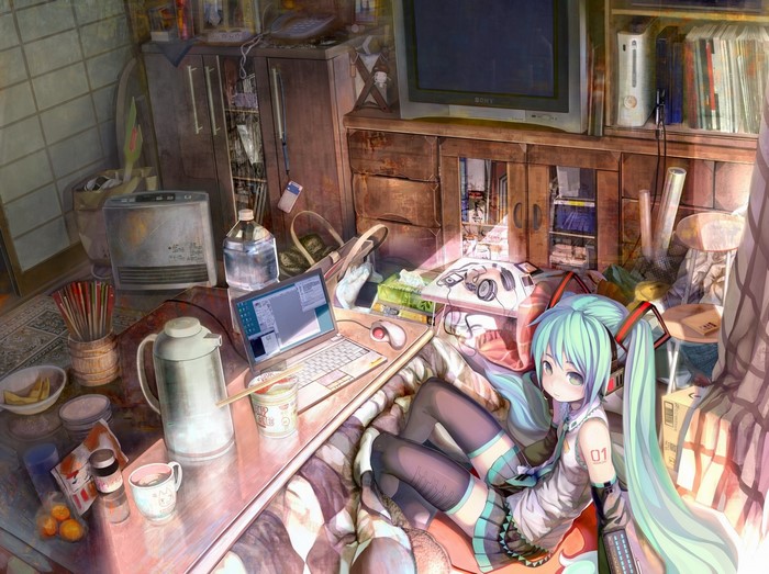 Hatsune Miku in a cluttered room with a laptop