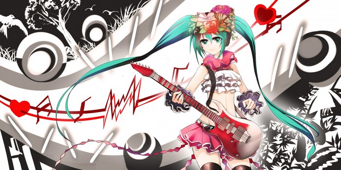 Hatsune Miku from Vocaloid playing a guitar