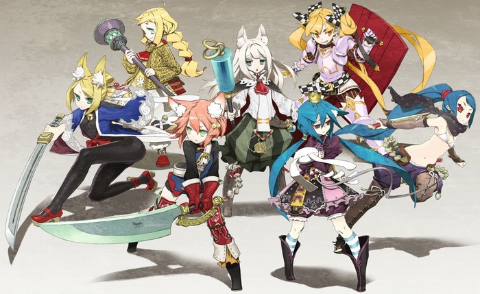 Group of anime girls with animal ears and weapons