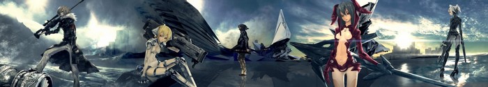 Anime characters with futuristic weapons in a desolate landscape