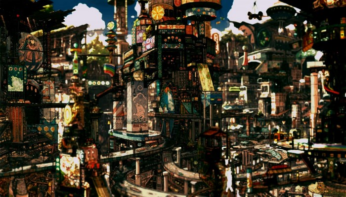 Detailed fantasy cityscape with numerous buildings and signs