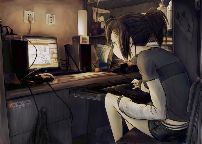 Anime girl drawing on a computer
