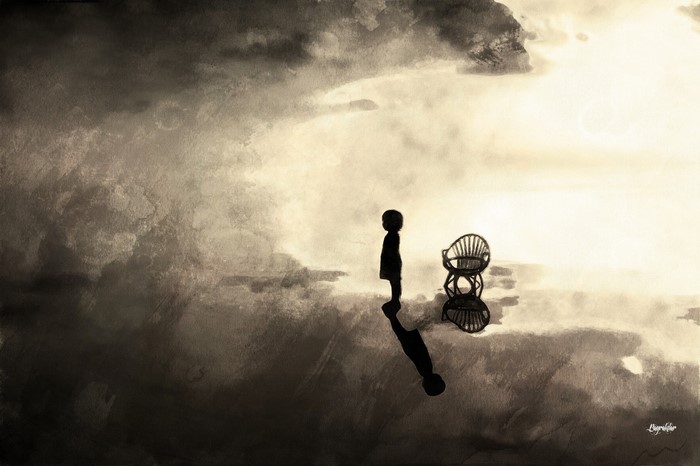 Silhouette of a child and a chair against a cloudy sky