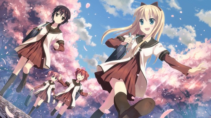 Anime girls in school uniforms under cherry blossoms