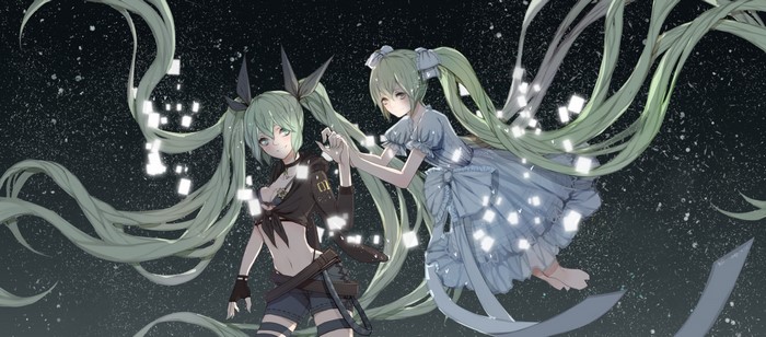 Two Hatsune Miku characters with green hair and glowing squares