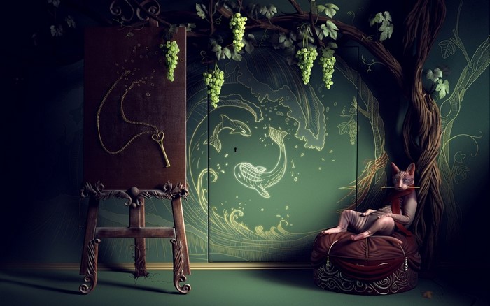 Surreal scene with cat, grapes, and key on easel