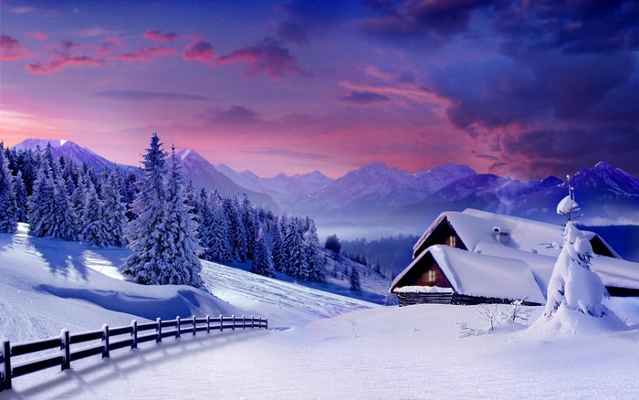 Snowy cabin in mountains with purple sky