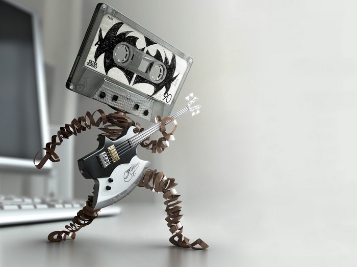 Cassette tape character playing a guitar