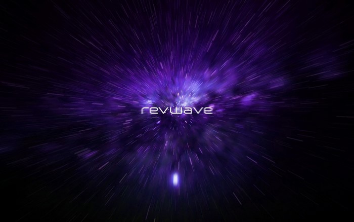 Revwave logo in a purple cosmic background