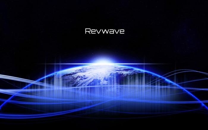 Revwave logo over Earth with blue light streaks