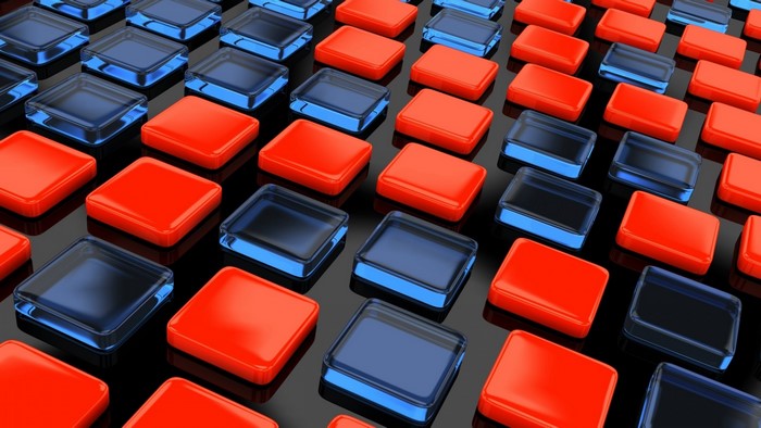 Red and blue cubes on a black surface
