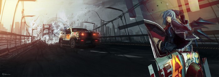 Anime girl in a modified Jeep on a bridge